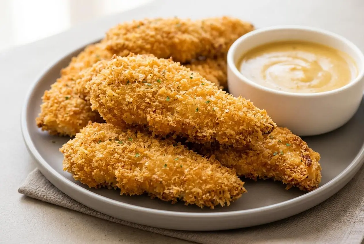 Crispy baked chicken strips recipe with a deeply golden toasted panko crust.
