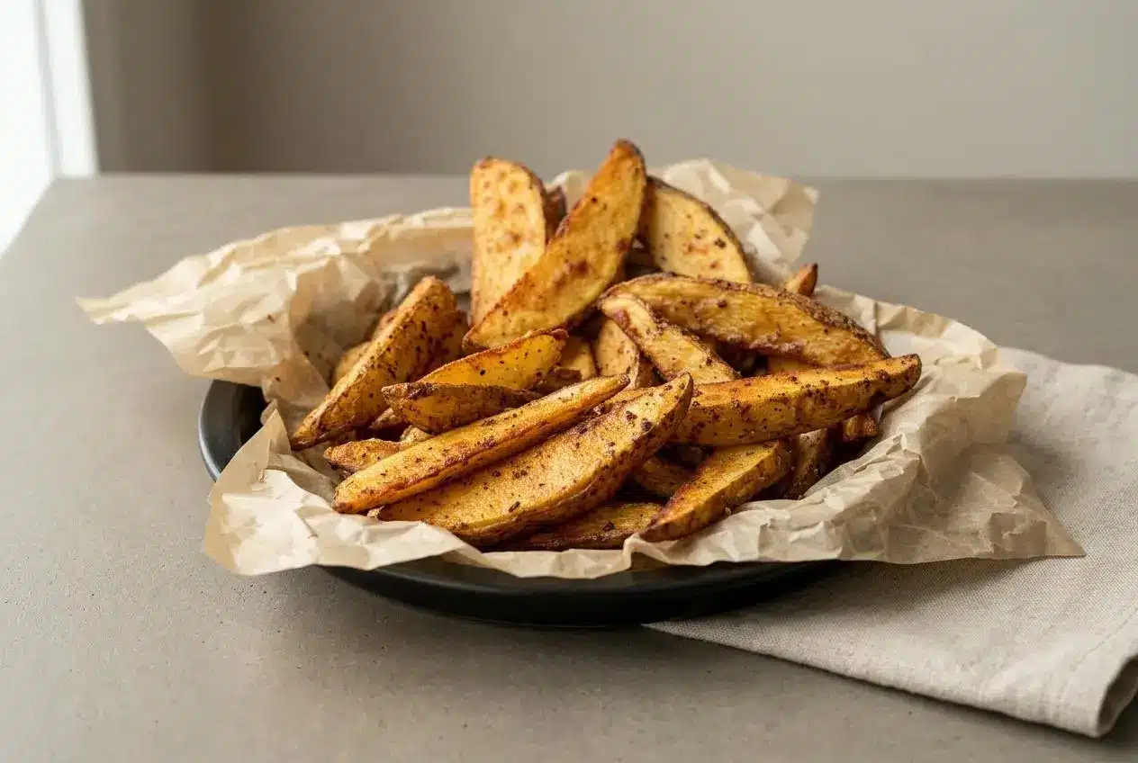 Steak fries with crispy golden-brown edges and tender, fluffy potato centers.