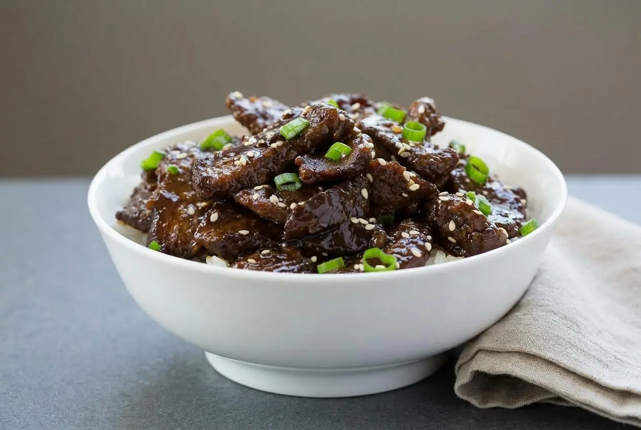 Beef teriyaki recipe featuring crisp-edged flank steak coated in a glossy garlic ginger glaze with sliced scallions.
