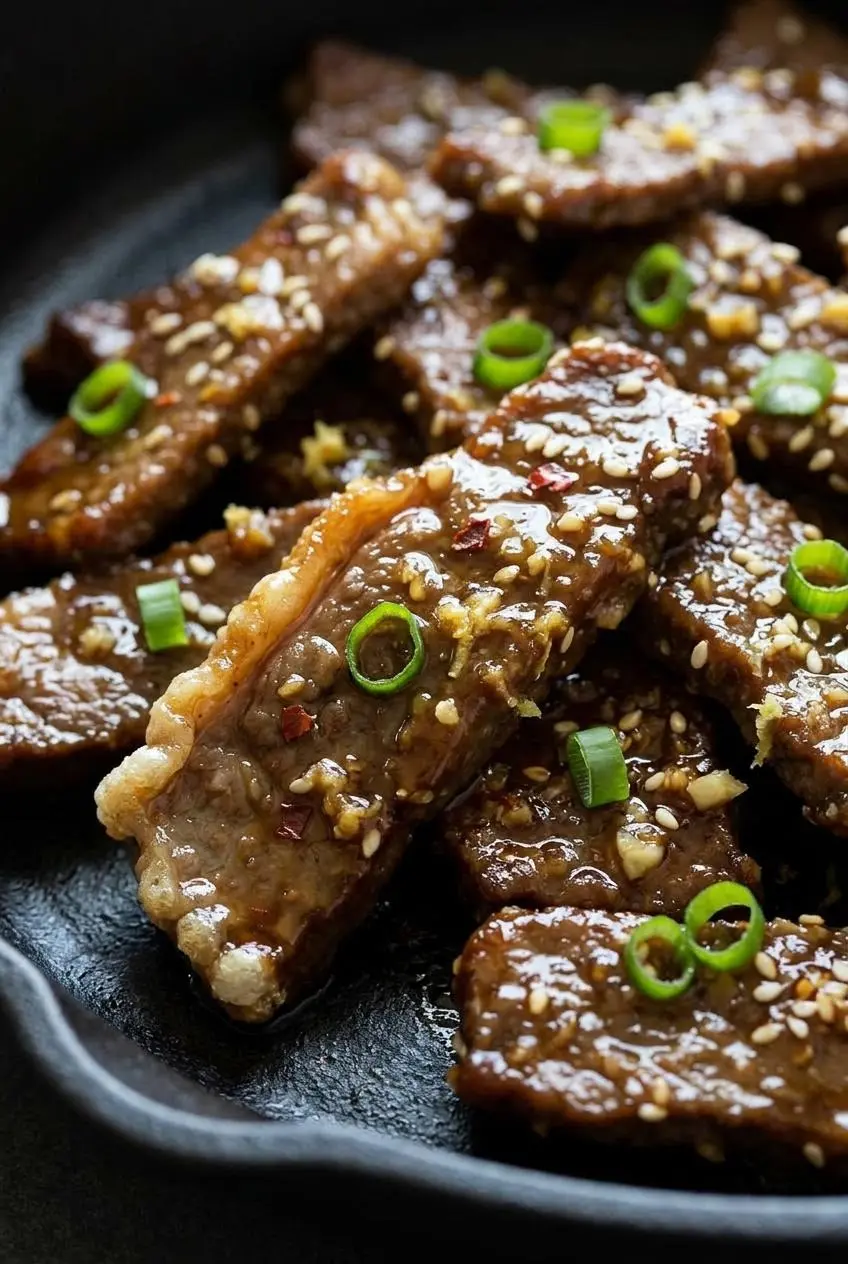 Macro shot of seared flank steak strips coated in thick ginger garlic glaze with sliced green onions in a skillet.