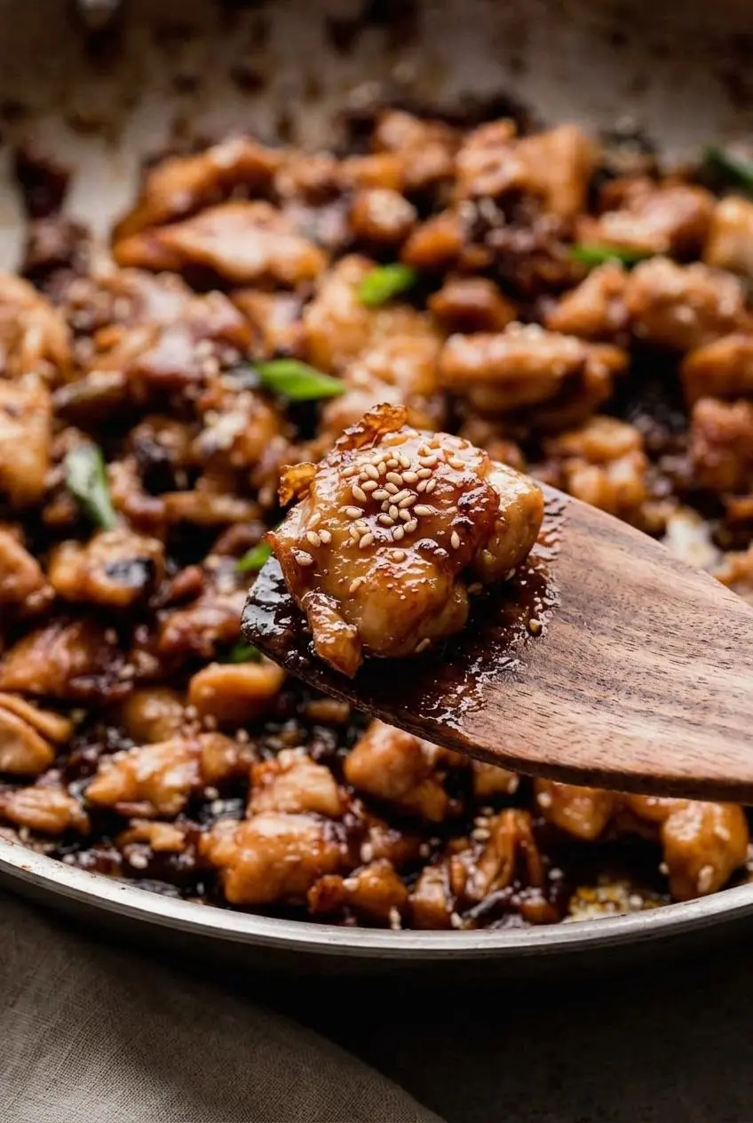 Crispy seared chicken pieces showing bubbly amber glaze and cornstarch crust up close.