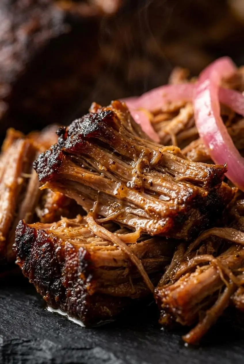 Close-up of shredded pulled pork with deeply caramelized, crisp broiled edges and glistening juices.
