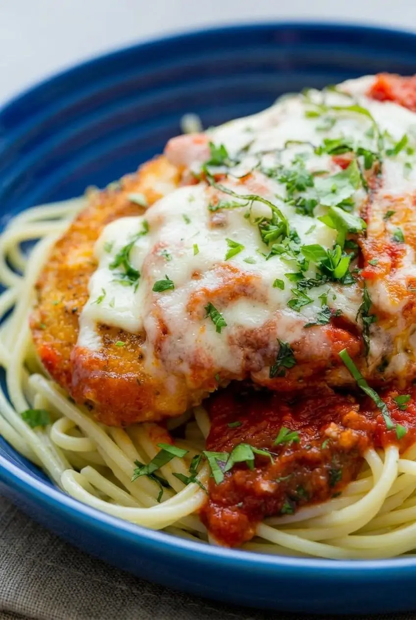 Close-up of golden crunchy breadcrumb crust and bubbling melted mozzarella on a chicken parmesan cutlet.