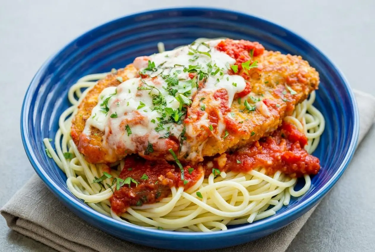 Golden crispy cutlet in this chicken parmesan recipe topped with melted mozzarella cheese and rich marinara sauce.