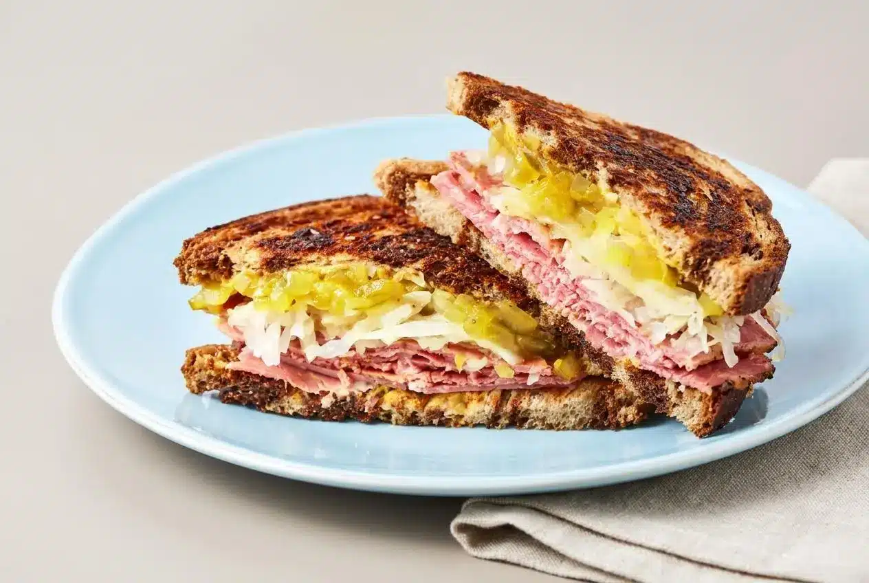 Corned beef sandwich on toasted seeded rye with savory meat, sauerkraut, and a crisp, buttery golden crust.
