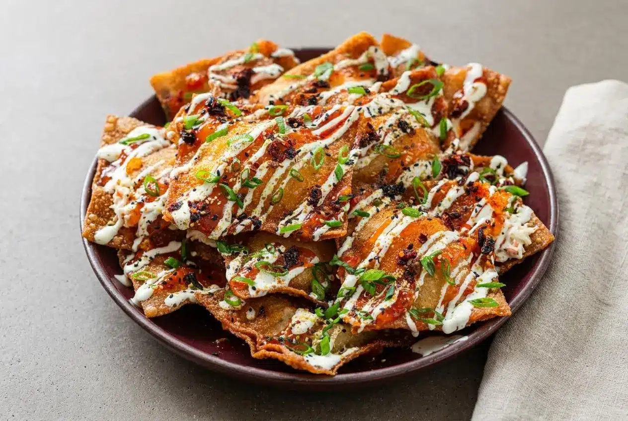 Crab rangoon nachos with blistered golden wontons, creamy crab filling, sweet chili drizzle, and scallions.