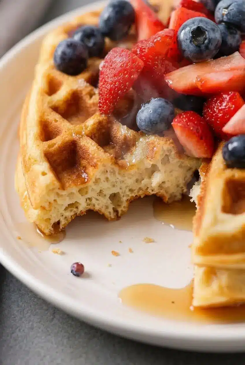 Broken buttermilk waffle showing a crunchy golden crust and an airy, tender honeycomb crumb.