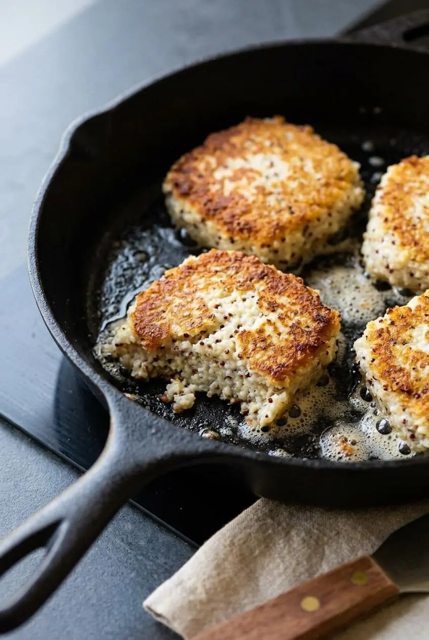 Square slices of chilled grits pan-frying in melted butter inside a cast-iron skillet until golden.