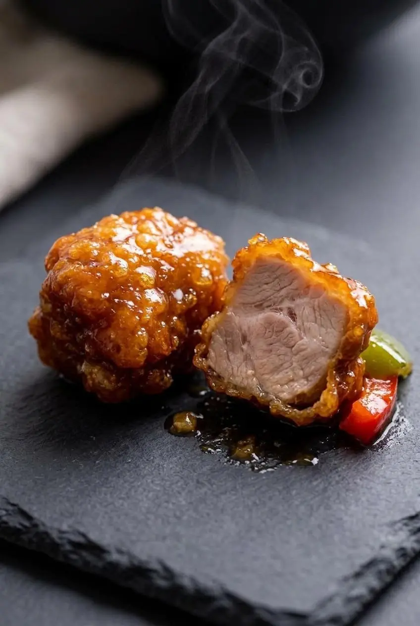 Close-up of crispy glazed sweet and sour pork showing a tender juicy interior and blistered shell.