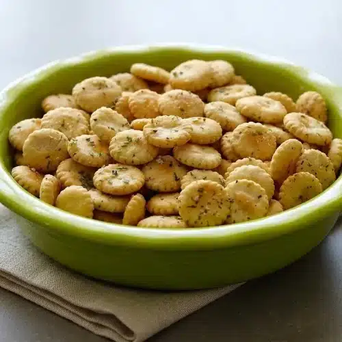 Crisp golden ranch oyster crackers tossed with dried dill and savory seasoning in a snack bowl.