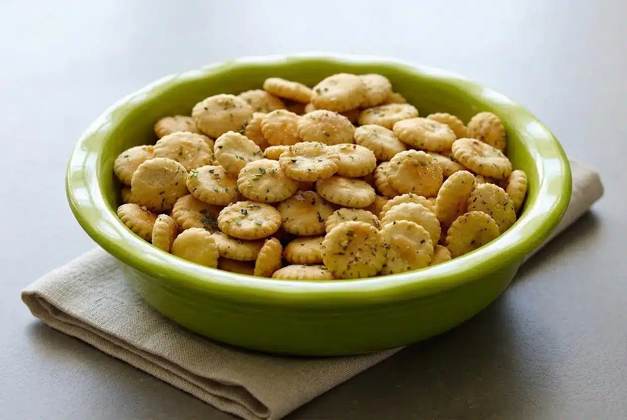 Crisp golden ranch oyster crackers tossed with dried dill and savory seasoning in a snack bowl.
