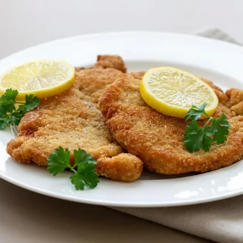 Golden brown pork cutlet made with this crispy schnitzel recipe, showing a delicate rippled breadcrumb crust.