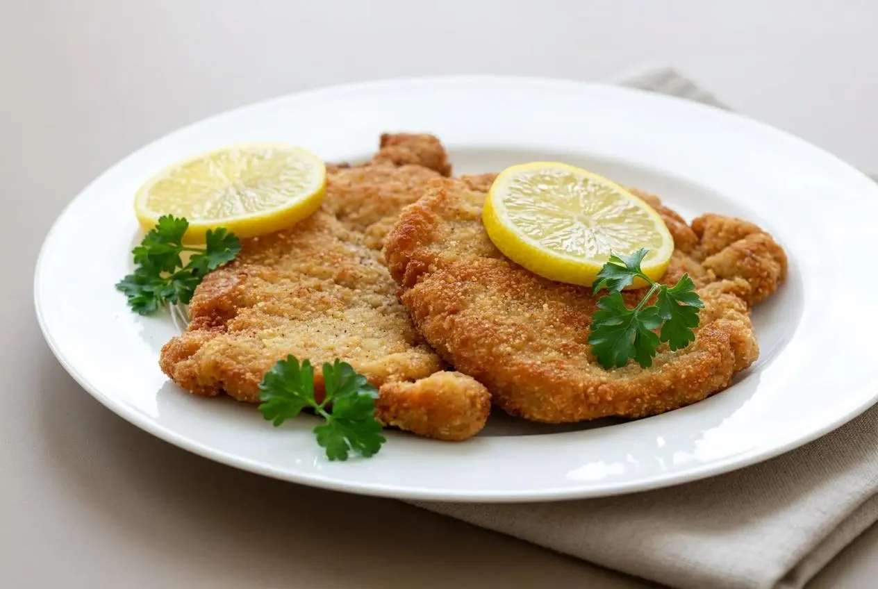 Golden brown pork cutlet made with this crispy schnitzel recipe, showing a delicate rippled breadcrumb crust.