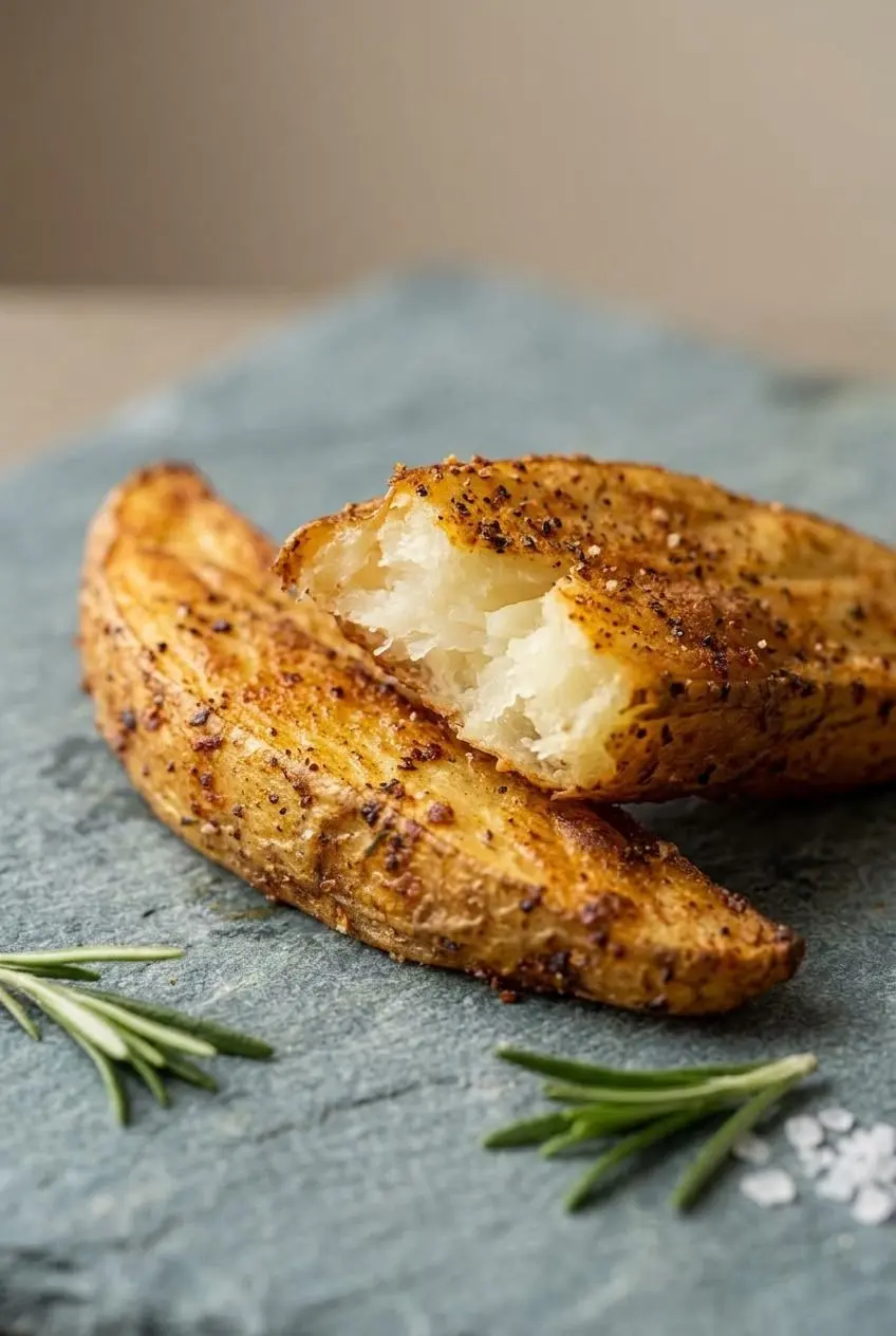 Thick-cut steak fry broken open to show a fluffy baked interior inside a blistered, seasoned crust.