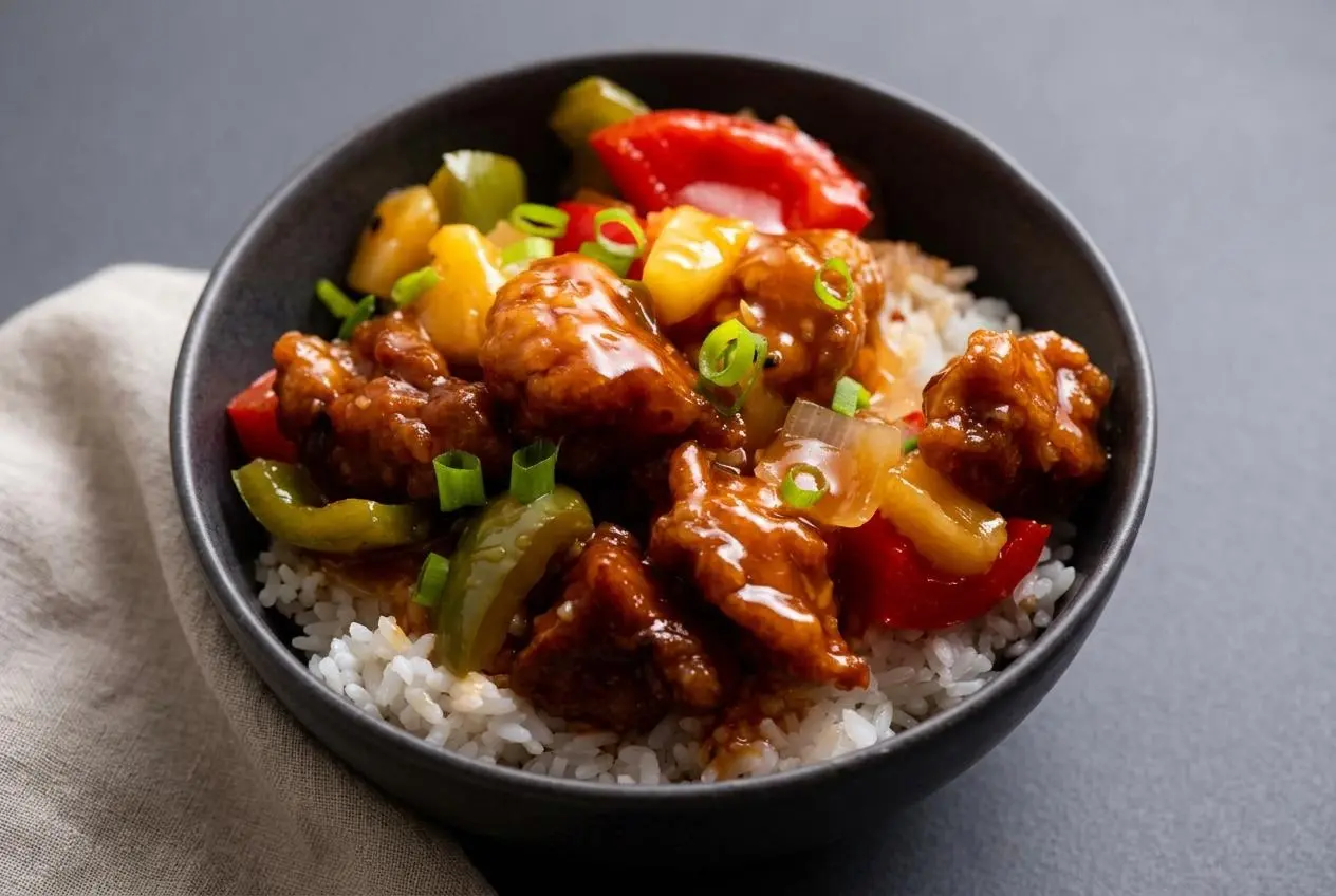 Crispy sweet and sour pork recipe tossed with pineapple and bell peppers in a glossy red glaze.