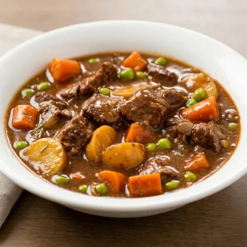 crockpot beef stew recipe finished dish with a golden topping