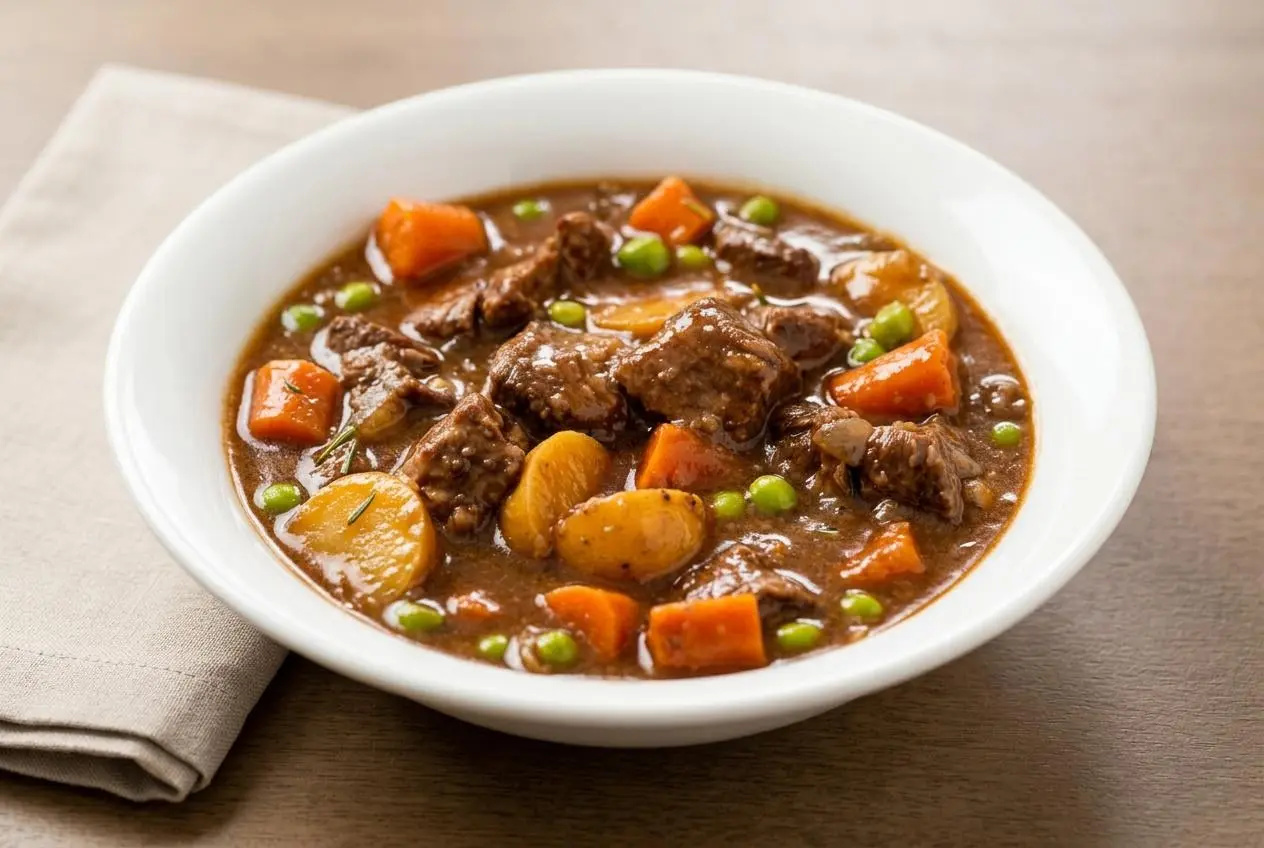 crockpot beef stew recipe finished dish with a golden topping