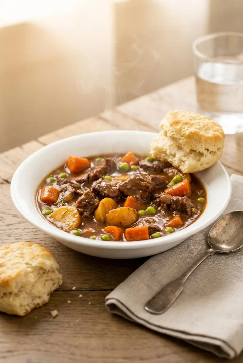 crockpot beef stew recipe served in a simple meal setting