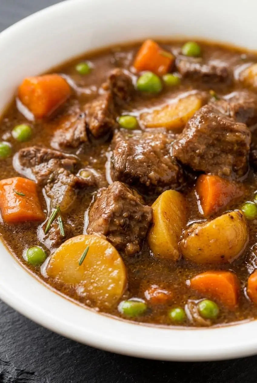 crockpot beef stew recipe close-up showing texture and finished topping