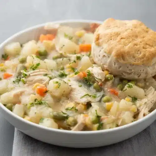 Crockpot chicken pot pie topped with a golden flaky biscuit over rich creamy vegetable filling.
