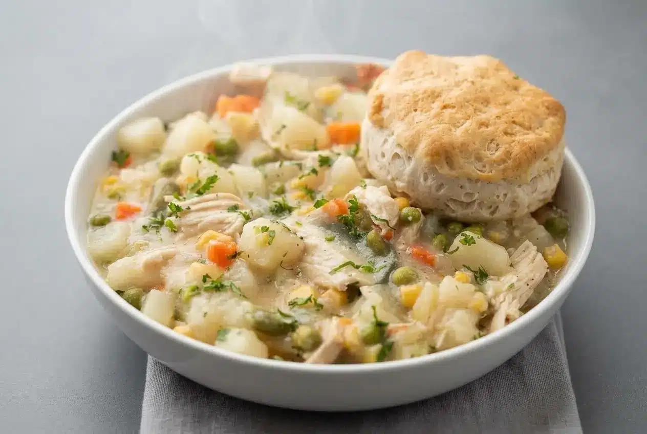 Crockpot chicken pot pie topped with a golden flaky biscuit over rich creamy vegetable filling.