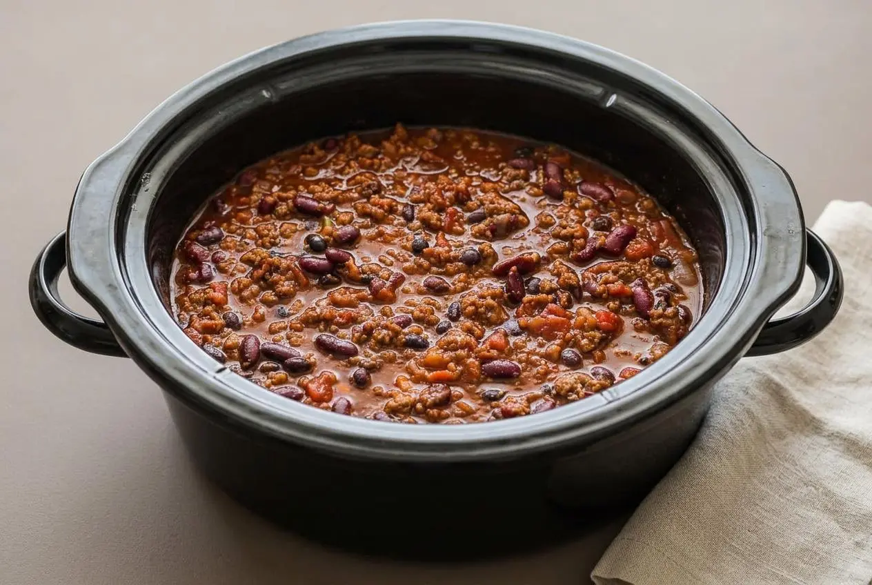 Crockpot chili recipe in a rustic bowl featuring hearty ground beef, kidney beans, and a rich, glossy brick-red sauce.