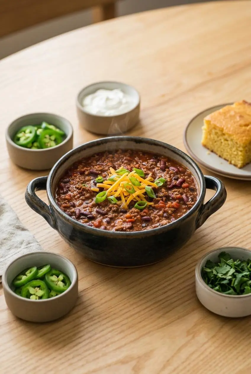 Warm bowl of beef chili garnished with cheddar cheese and green onions, served with cornbread and small topping bowls.