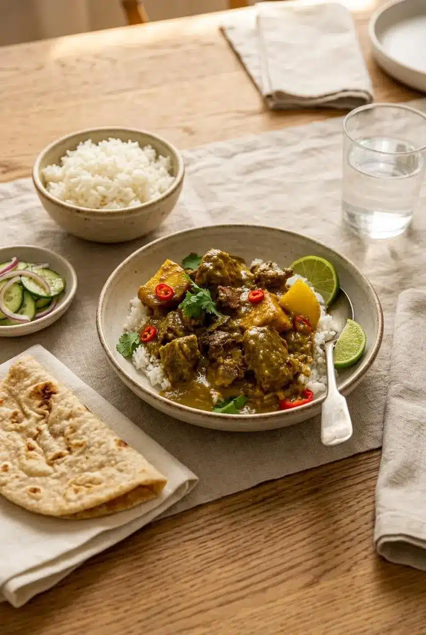 Curry beef served with steamed jasmine rice, warm flatbread, and crisp sliced cucumbers.