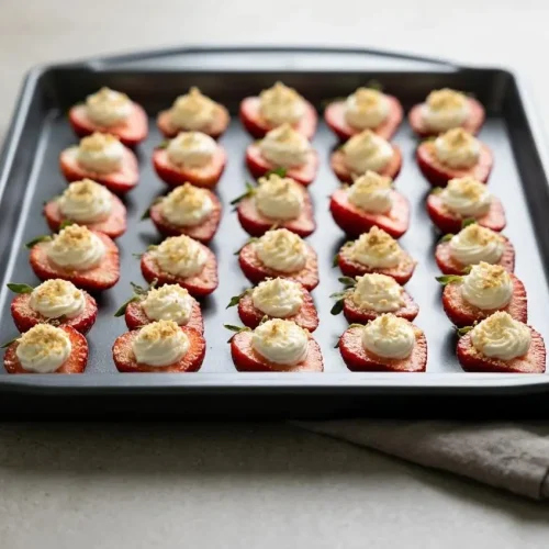 Deviled strawberries topped with piped cream cheese filling and crushed graham cracker crumbs on a white plate.