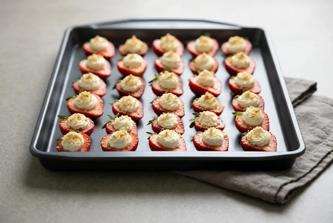 Deviled strawberries topped with piped cream cheese filling and crushed graham cracker crumbs on a white plate.