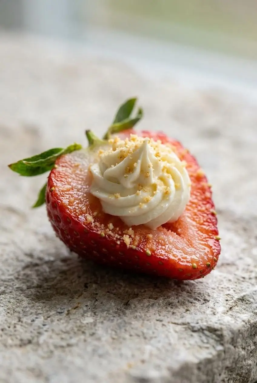 Macro shot of a deviled strawberry showing defined cream cheese swirls and crisp graham cracker crumbs.