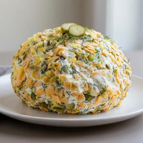 Chilled dill pickle cheese ball coated in shredded cheddar, fresh dill, and lemon zest on a serving plate.