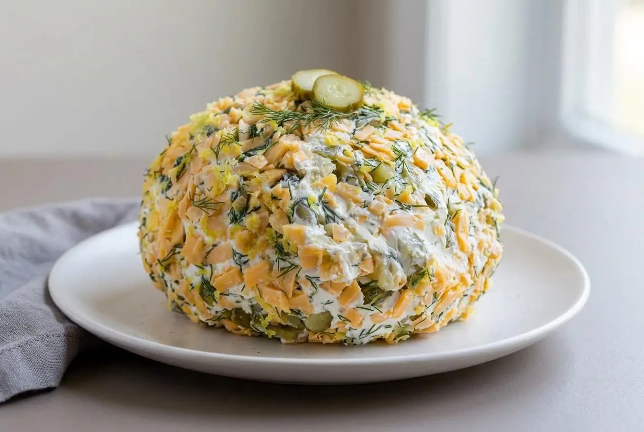 Chilled dill pickle cheese ball coated in shredded cheddar, fresh dill, and lemon zest on a serving plate.