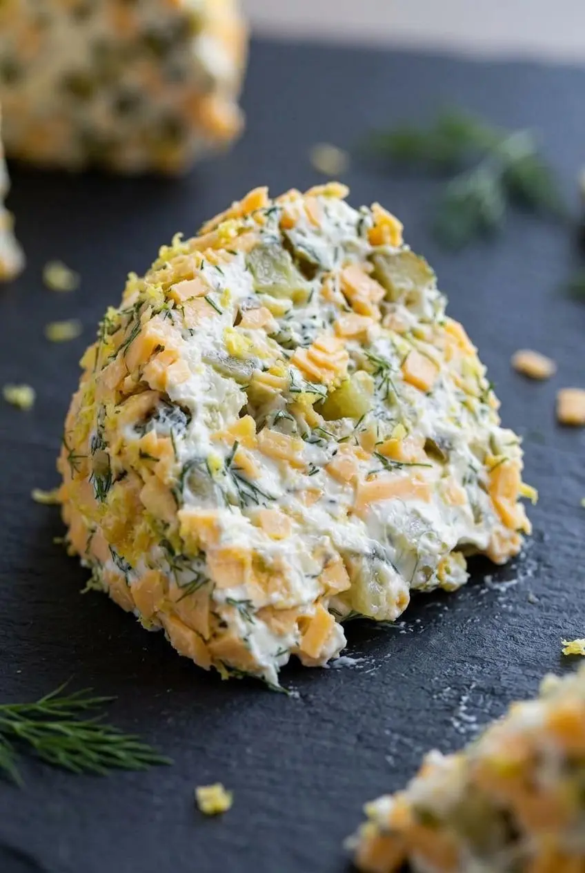 Close-up slice of a dill pickle cheese ball revealing creamy filling studded with diced pickles and cheddar.