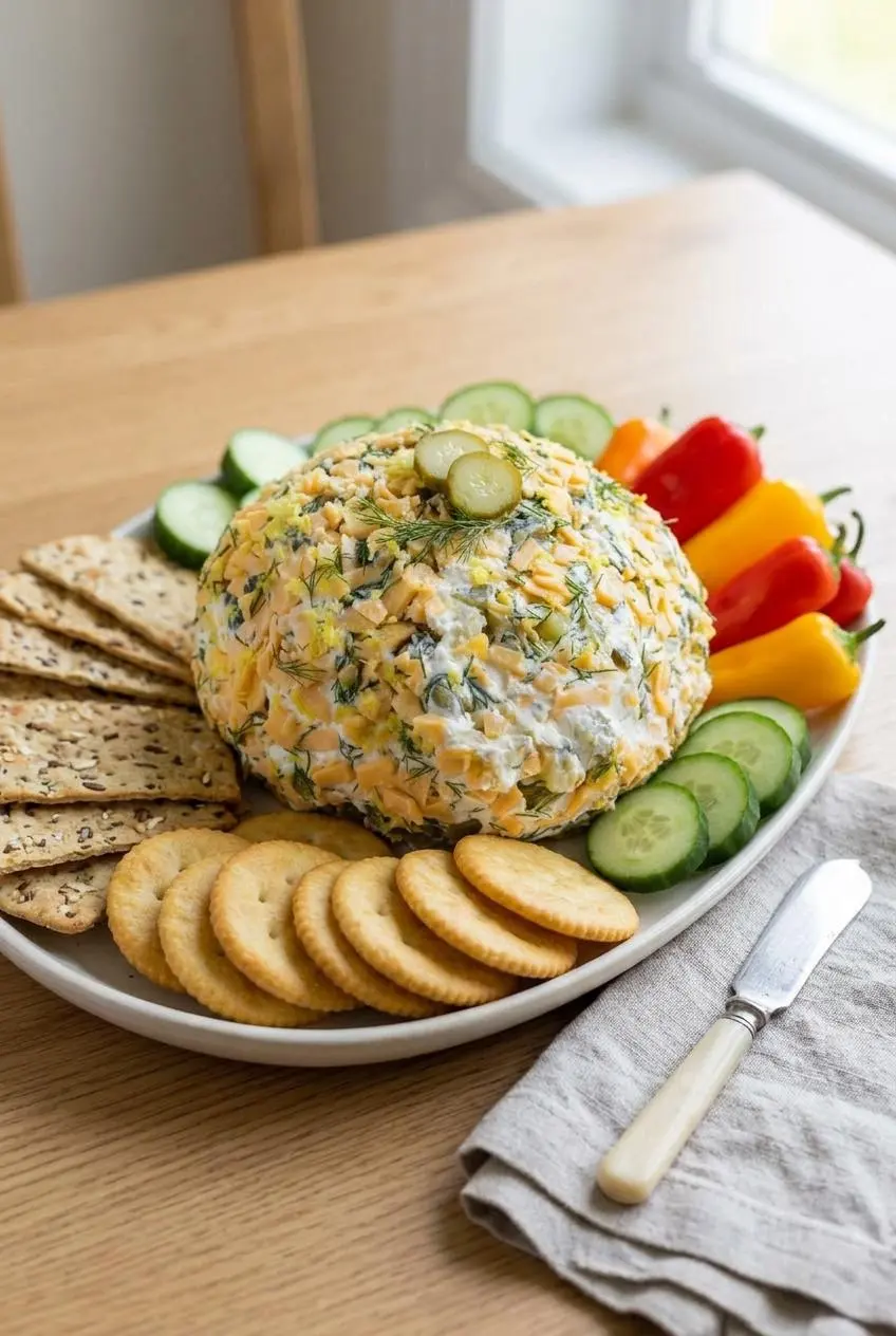 Dill pickle cheese ball on a platter surrounded by buttery round crackers, flatbreads, and sliced cucumbers.