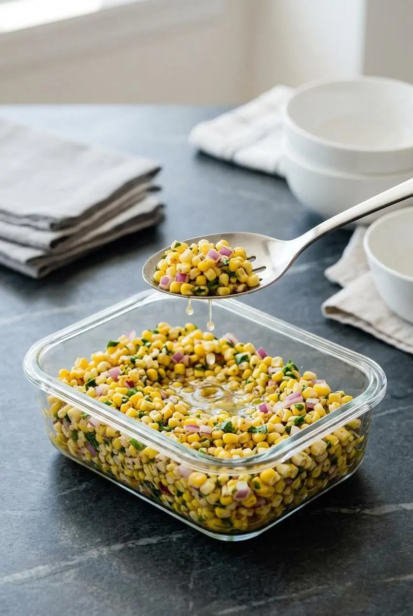 Slotted spoon lifting corn salsa from a glass storage container to drain excess lime juice.