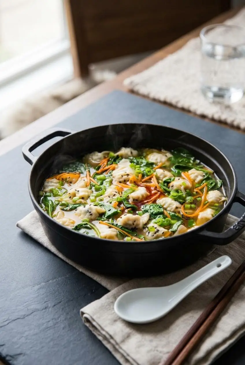 Bowl of dumpling soup drizzled with chili oil and fresh scallions on a dark slate tabletop.