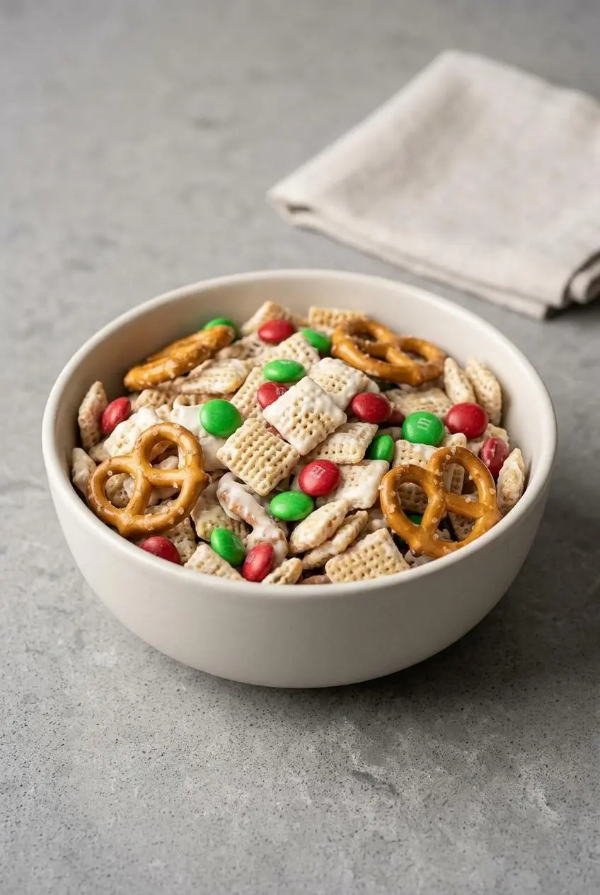 White chocolate coated cereal reindeer chow snack mix with mini pretzels and holiday candies in a bowl.