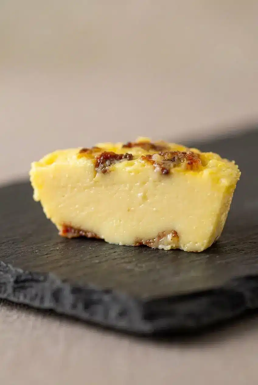 Cross section of a velvety egg bite showing a smooth, curd-free custard interior with specks of crisp bacon.