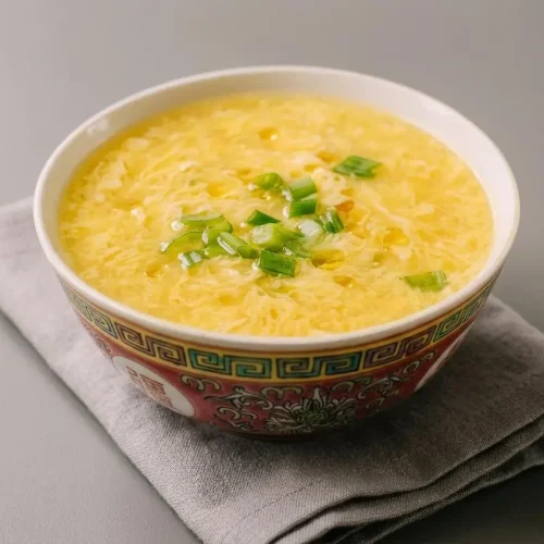 Warm bowl of silky egg drop soup featuring glossy golden broth and tender floating ribbons topped with scallions.