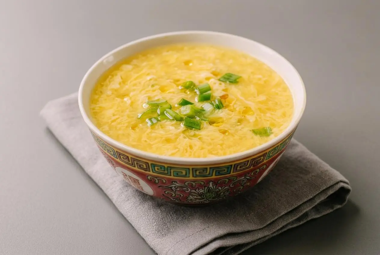 Warm bowl of silky egg drop soup featuring glossy golden broth and tender floating ribbons topped with scallions.