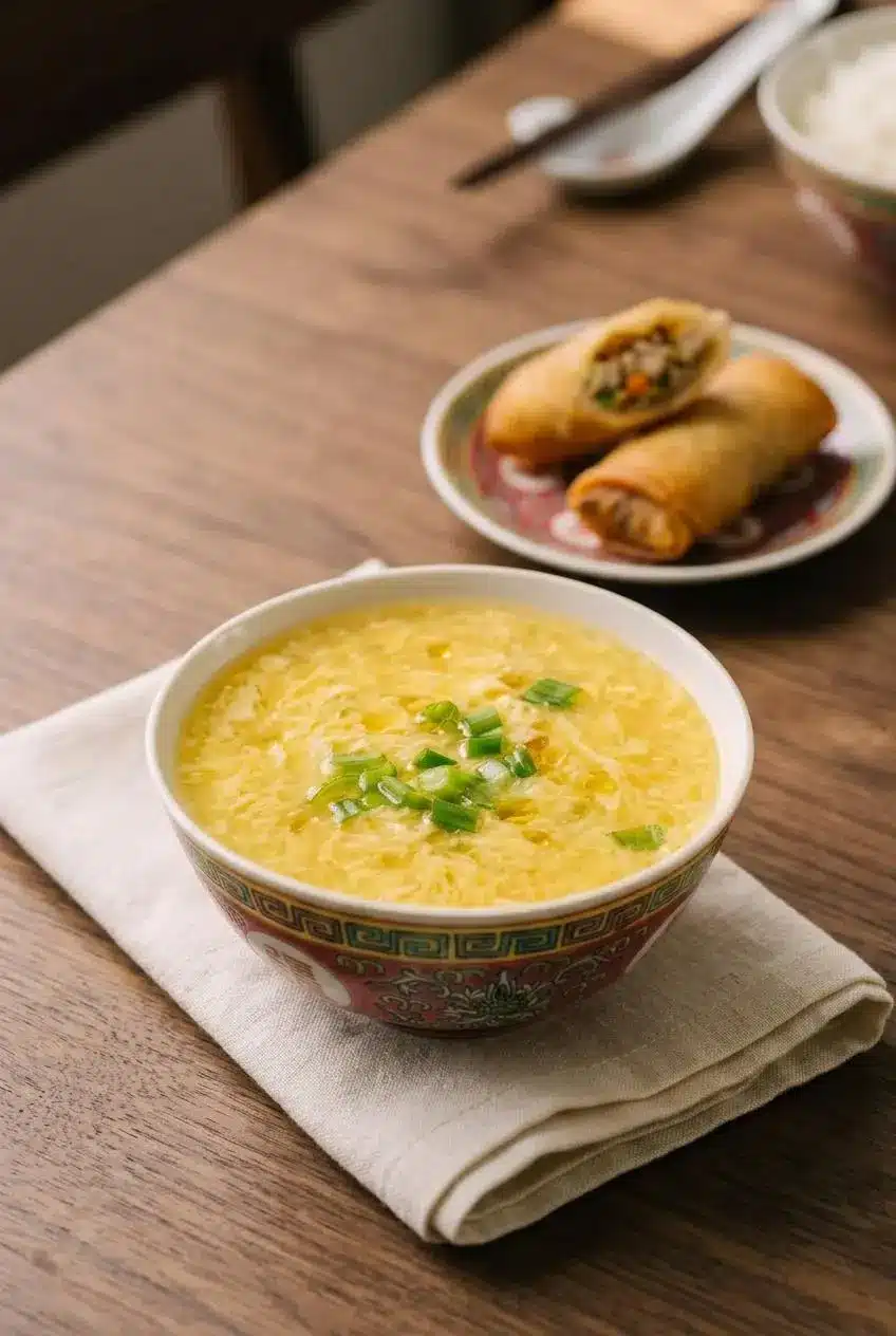 A warm bowl of egg drop soup served on a wooden table with a side plate of golden spring rolls.