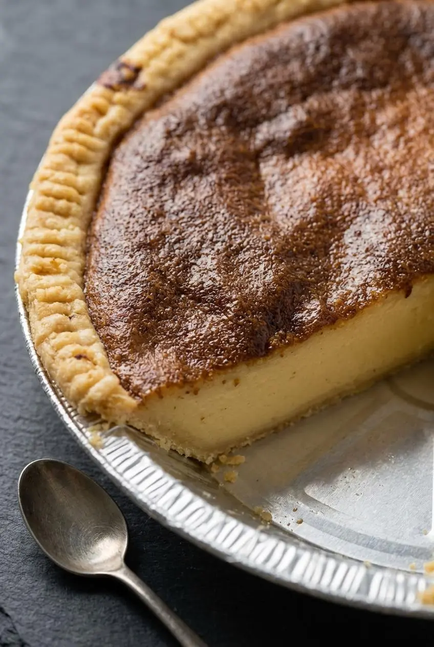Macro view of dark golden browned egg white foam crust meeting pale yellow egg pie custard.