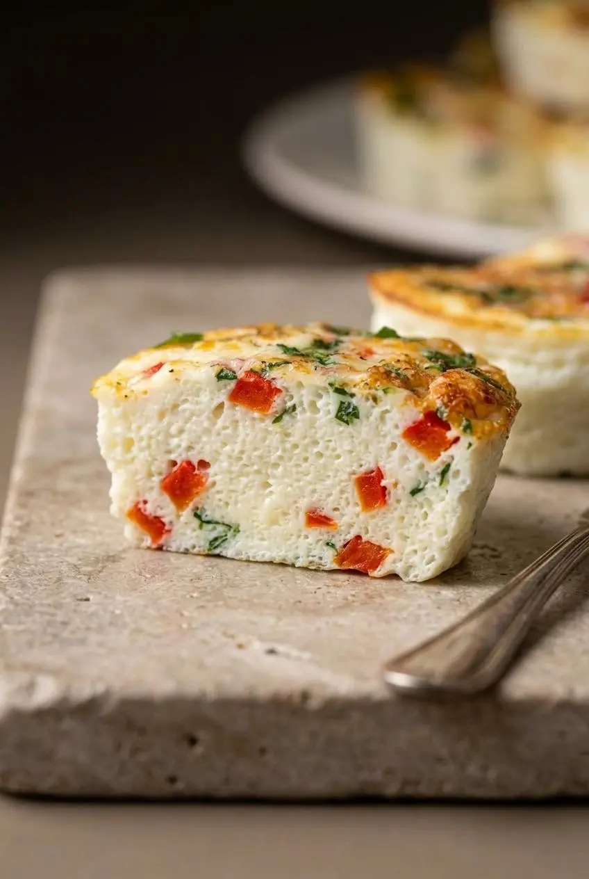 Halved egg white bite revealing a velvety, aerated custard crumb with roasted red pepper and spinach.