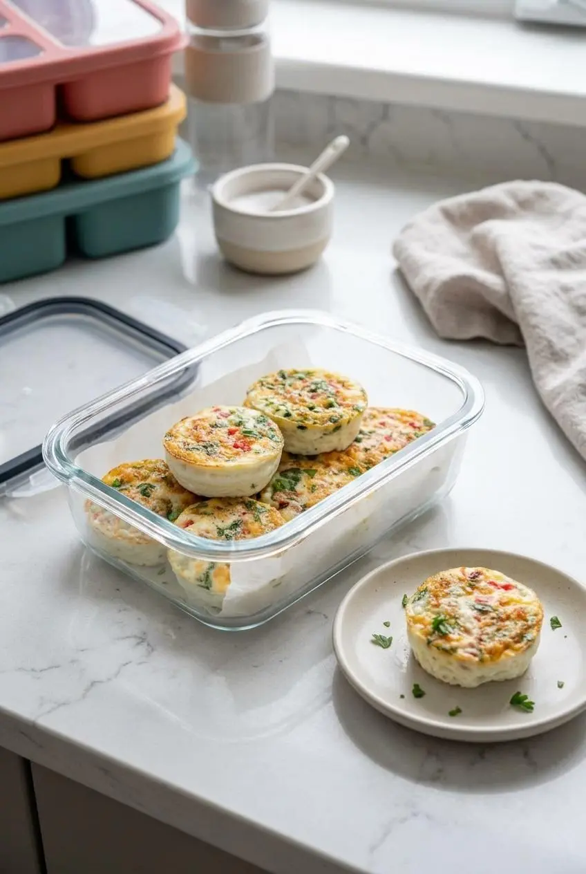 Chilled egg white bites stored in a glass meal prep container with one rewarmed bite on a small saucer.