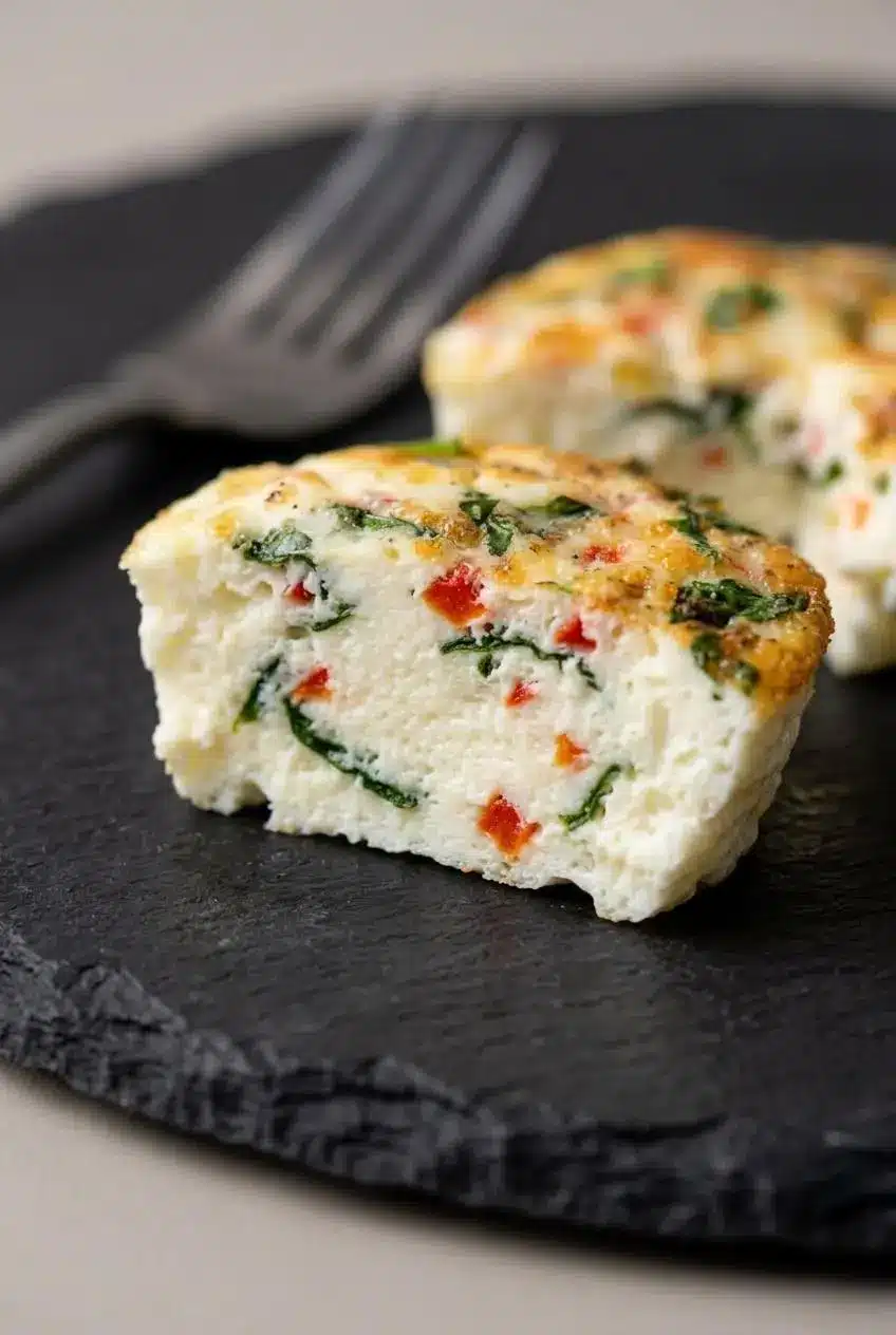 Broken-open egg white bite revealing a smooth, custardy interior with suspended spinach and diced red pepper.