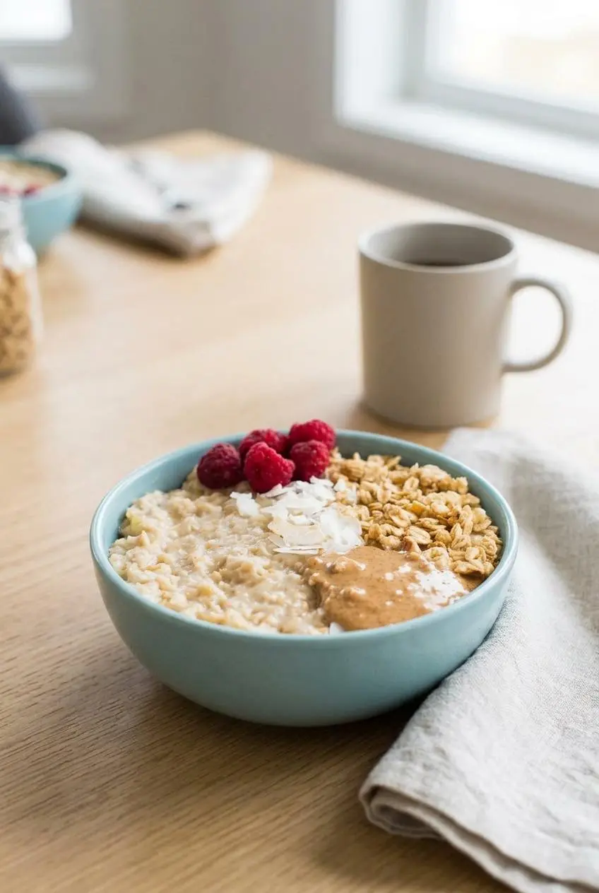 Egg white oatmeal topped with peanut butter, toasted coconut, crunchy granola, and raspberries.