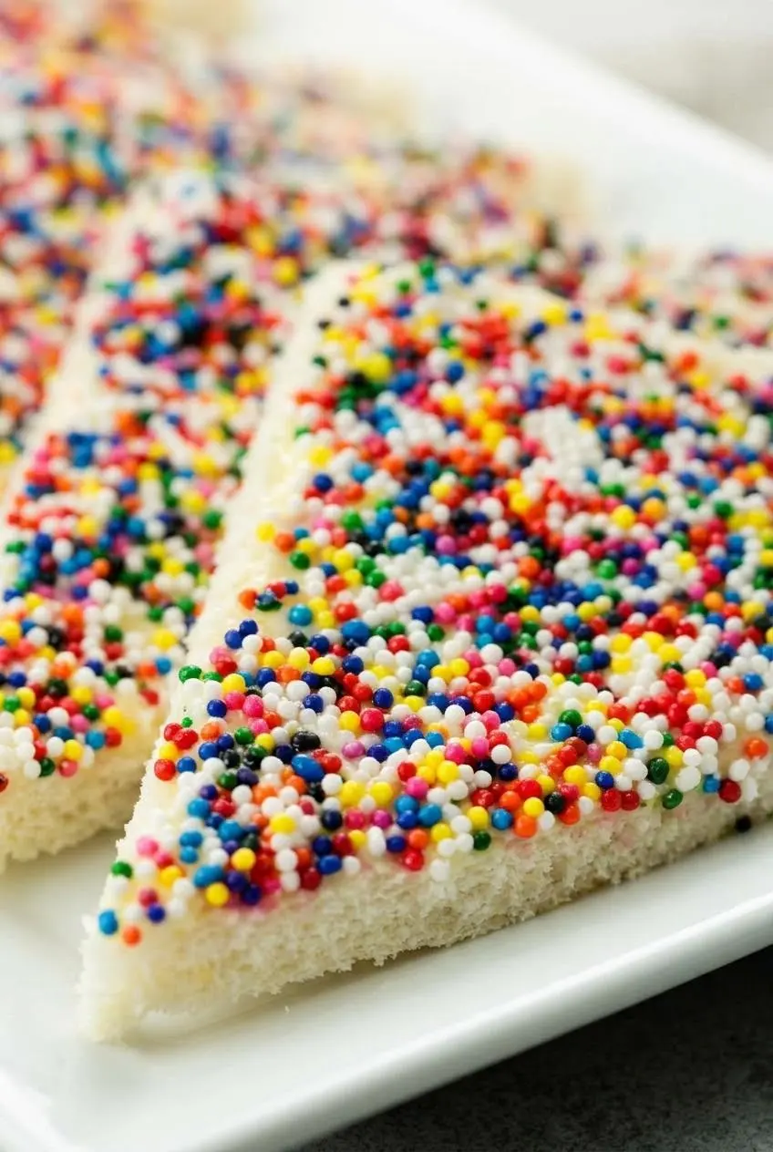 Macro shot of fairy bread showing smooth butter edge and densely pressed colorful round nonpareils.