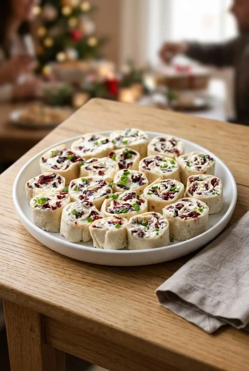 Cranberry feta pinwheels arranged in a neat circular ring on a white platter for party serving.