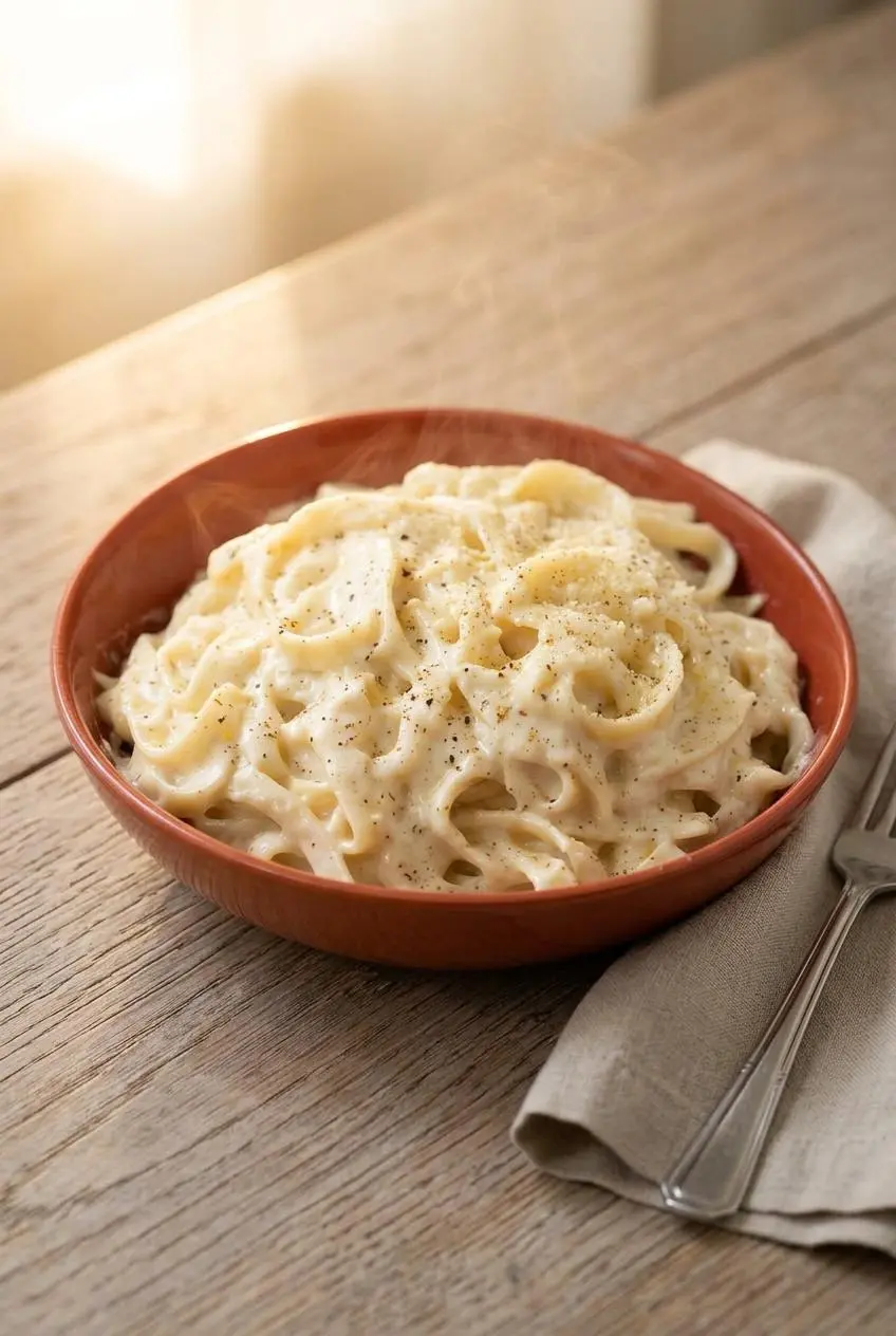 Fettuccine noodles swirled in creamy alfredo sauce with cream cheese topped with grated parmesan.